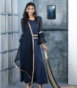 Nikhaar navy-blue embroidered georgette stitched trouser kurta & dupatta 