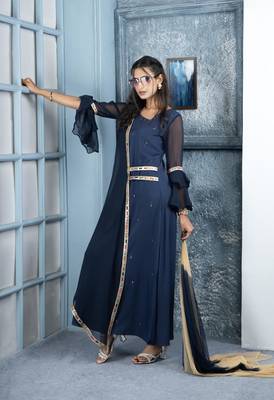 Nikhaar navy-blue embroidered georgette stitched trouser kurta & dupatta  3
