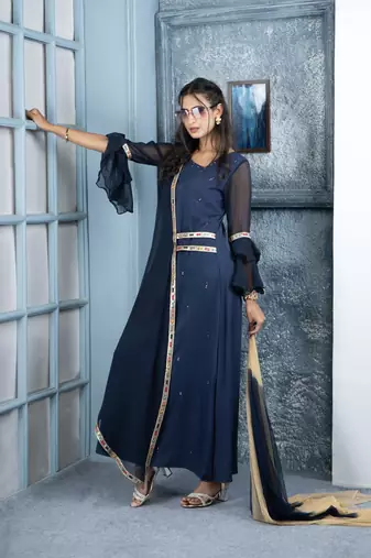 Nikhaar navy-blue embroidered georgette stitched trouser kurta & dupatta 