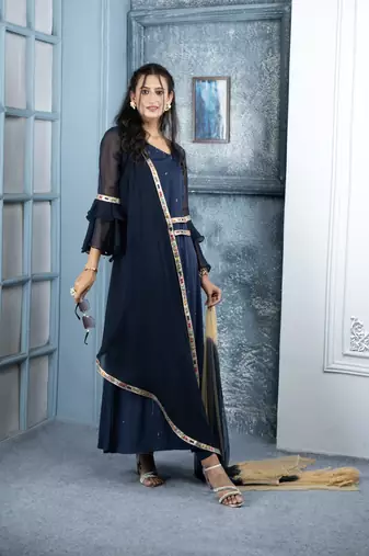 Nikhaar navy-blue embroidered georgette stitched trouser kurta & dupatta 