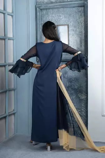 Nikhaar navy-blue embroidered georgette stitched trouser kurta & dupatta 