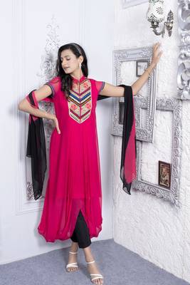 Nikhaar pink embroidered georgette stitched trouser kurta & dupatta  1