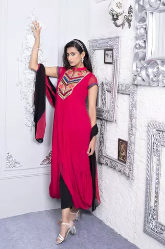 Nikhaar pink embroidered georgette stitched trouser kurta & dupatta 
