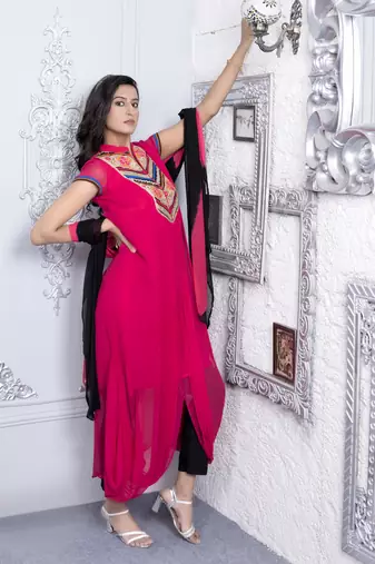 Nikhaar pink embroidered georgette stitched trouser kurta & dupatta 