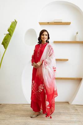 Women red pure silk kurti pant dupatta set 1