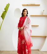 Women red pure silk kurti pant dupatta set