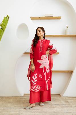 Women red pure silk kurti pant dupatta set 2