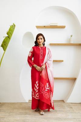 Women red pure silk kurti pant dupatta set 3