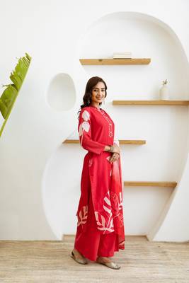 Women red pure silk kurti pant dupatta set 4