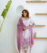 Women white pure silk kurti pant dupatta set