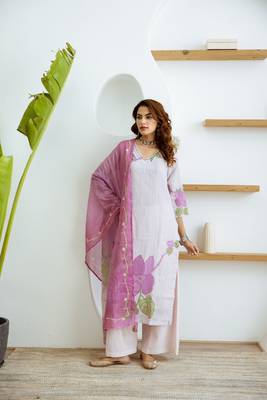 Women white pure silk kurti pant dupatta set 3