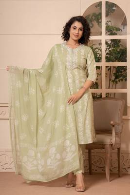 Women olive green cotton blend kurta pant dupatta set 1