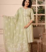Women olive green cotton blend kurta pant dupatta set