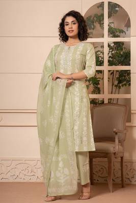 Women olive green cotton blend kurta pant dupatta set 2