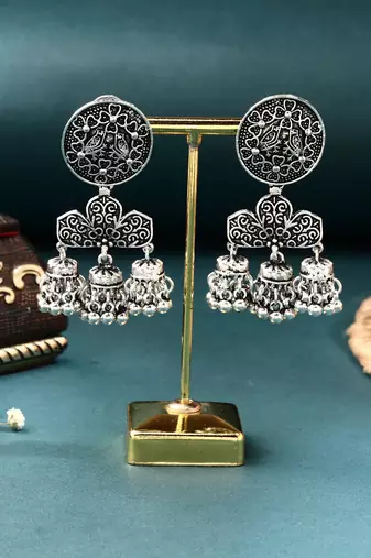 Intricately Detailed Silver Jhumkas with Miniature Jhumki Accents