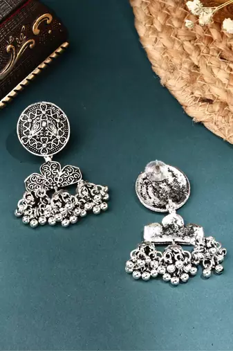 Intricately Detailed Silver Jhumkas with Miniature Jhumki Accents