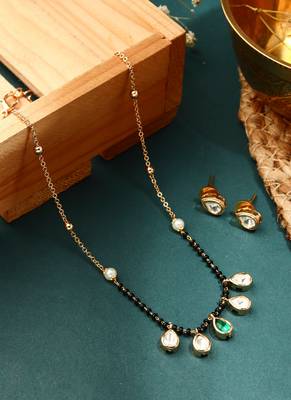 Minimalist Black Bead Necklace with Green Stone Jhumki & Pearl Tips 1