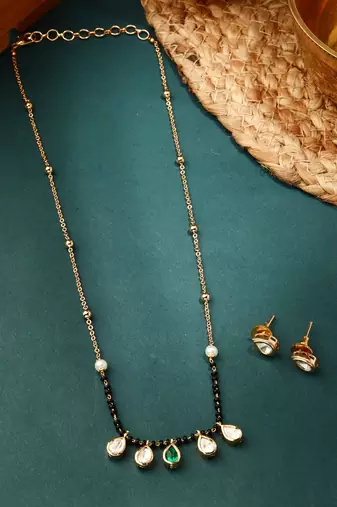Minimalist Black Bead Necklace with Green Stone Jhumki & Pearl Tips