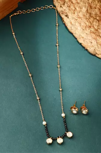 Elegant Triple Jhumki Necklace with Black Beads & Pearl Accents