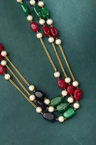 Triple-Layered Pastel Bead Necklace with Pearl Accents