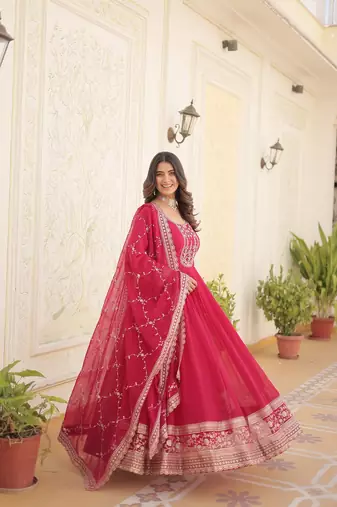 Pink Color Designer Trending Georgette Gown Dupatta Collection With Sequins Embroidered Work