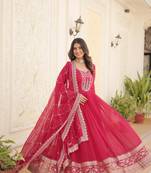 Pink Color Designer Trending Georgette Gown Dupatta Collection With Sequins Embroidered Work