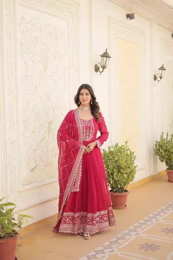 Pink Color Designer Trending Georgette Gown Dupatta Collection With Sequins Embroidered Work