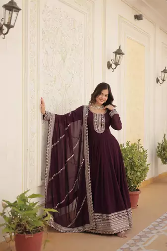 Wine Color Designer Trending Georgette Gown Dupatta Collection With Sequins Embroidered Work