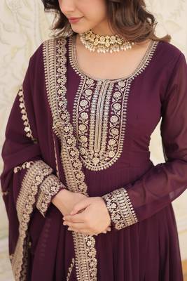 Wine Color Designer Trending Georgette Gown Dupatta Collection With Sequins Embroidered Work 5