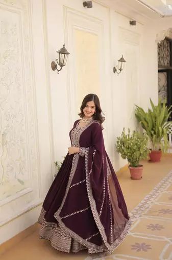 Wine Color Designer Trending Georgette Gown Dupatta Collection With Sequins Embroidered Work