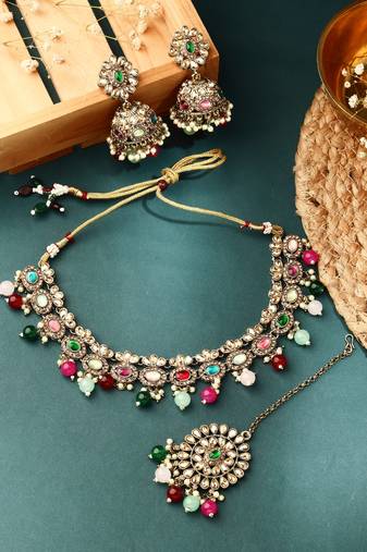 Multicolour Stone Studded Necklace Set