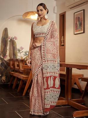 Beige Cotton Printed Saree With Blouse 1