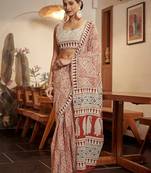 Beige Cotton Printed Saree With Blouse