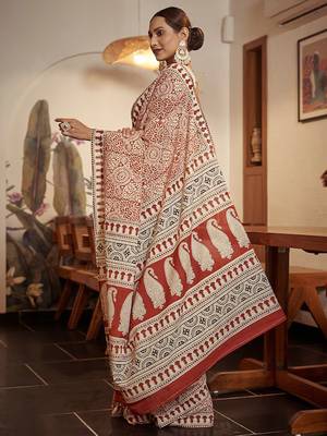 Beige Cotton Printed Saree With Blouse 2