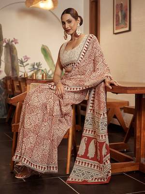Beige Cotton Printed Saree With Blouse 4