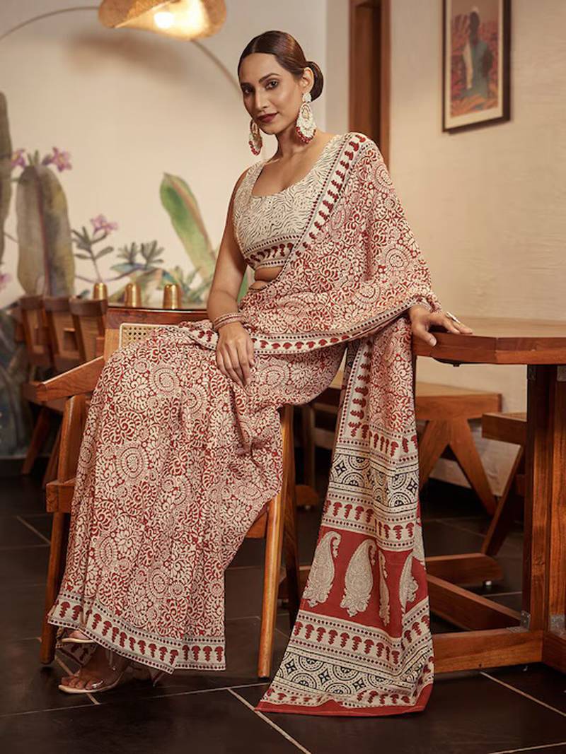 Beige Cotton Printed Saree With Blouse