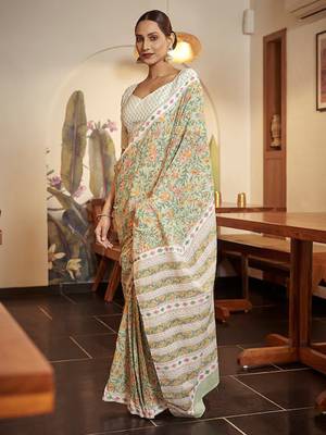 Green Cotton Printed Saree With Blouse 1