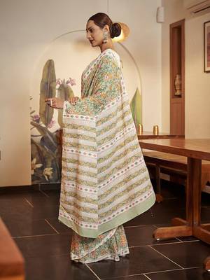 Green Cotton Printed Saree With Blouse 2