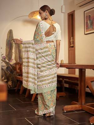 Green Cotton Printed Saree With Blouse 3
