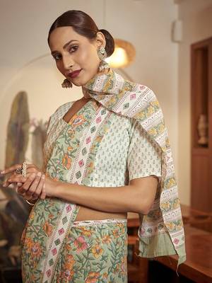 Green Cotton Printed Saree With Blouse 4