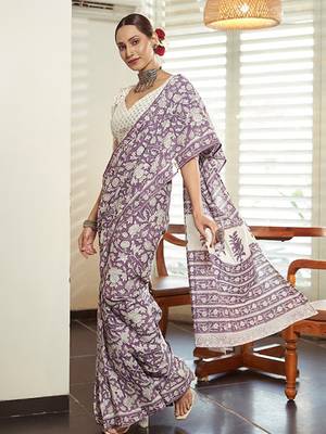 Purple Cotton Printed Saree With Blouse 1
