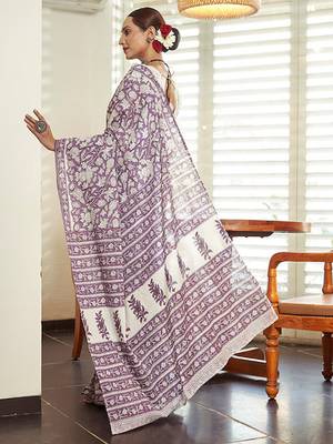 Purple Cotton Printed Saree With Blouse 2