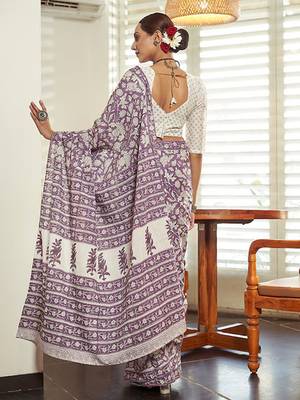 Purple Cotton Printed Saree With Blouse 3