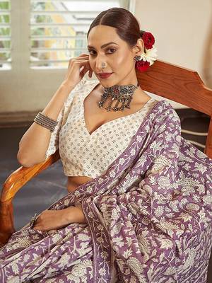 Purple Cotton Printed Saree With Blouse 4