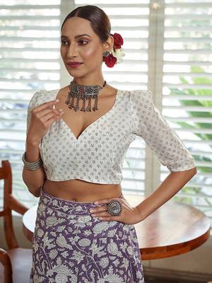 Purple Cotton Printed Saree With Blouse 5
