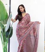 Purple Cotton Printed Saree With Blouse