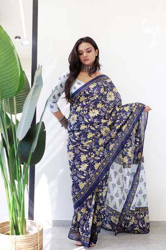 Navy Blue Cotton Printed Saree With Blouse