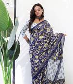 Navy Blue Cotton Printed Saree With Blouse
