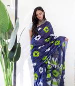 Navy Blue Cotton Printed Saree With Blouse