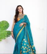 Turquoise Cotton Printed Saree With Blouse